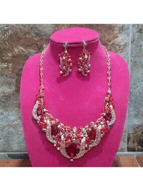 Gold Tone Red Rhinestone Statement Necklace and Earrings Set